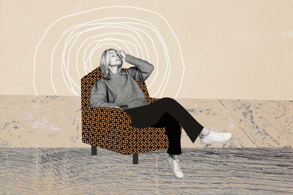 Composite photo collage of sad woman sitting alone.
