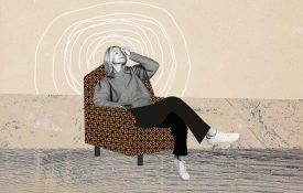 Composite photo collage of sad woman sitting alone.