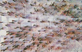 Abstract crowds of people with virtual reality street display.