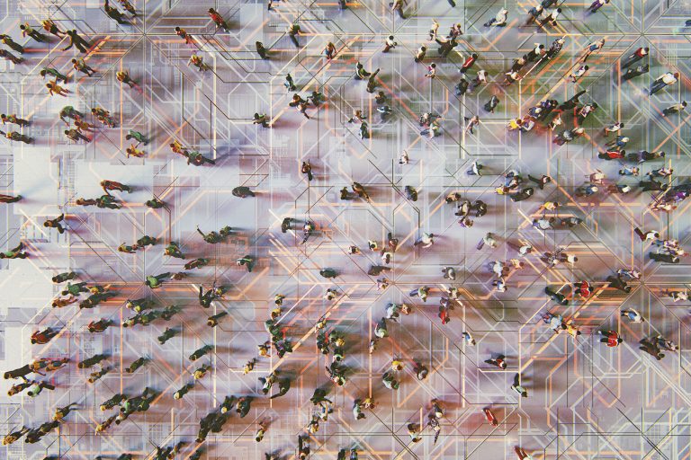 Abstract crowds of people with virtual reality street display.