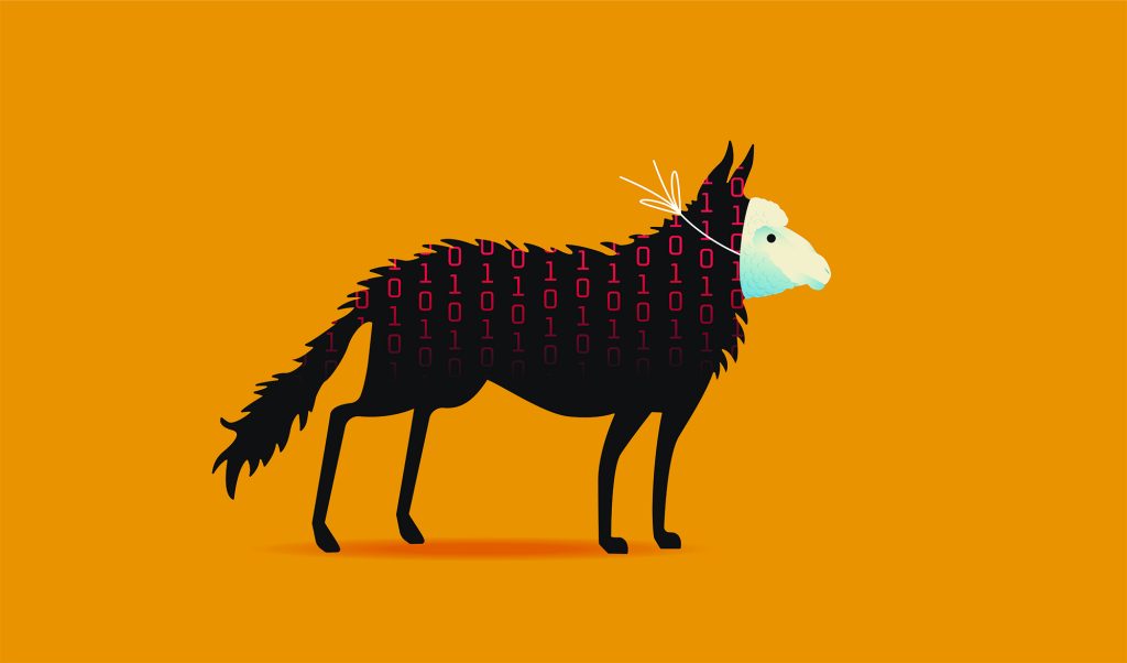 Illustration of a wolf in a sheep mask.