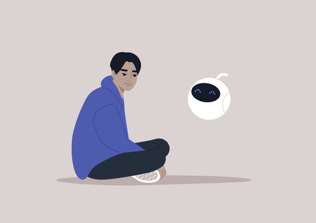 An illustration of a young male character chatting with a chat bot.