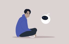 An illustration of a young male character chatting with a chat bot.