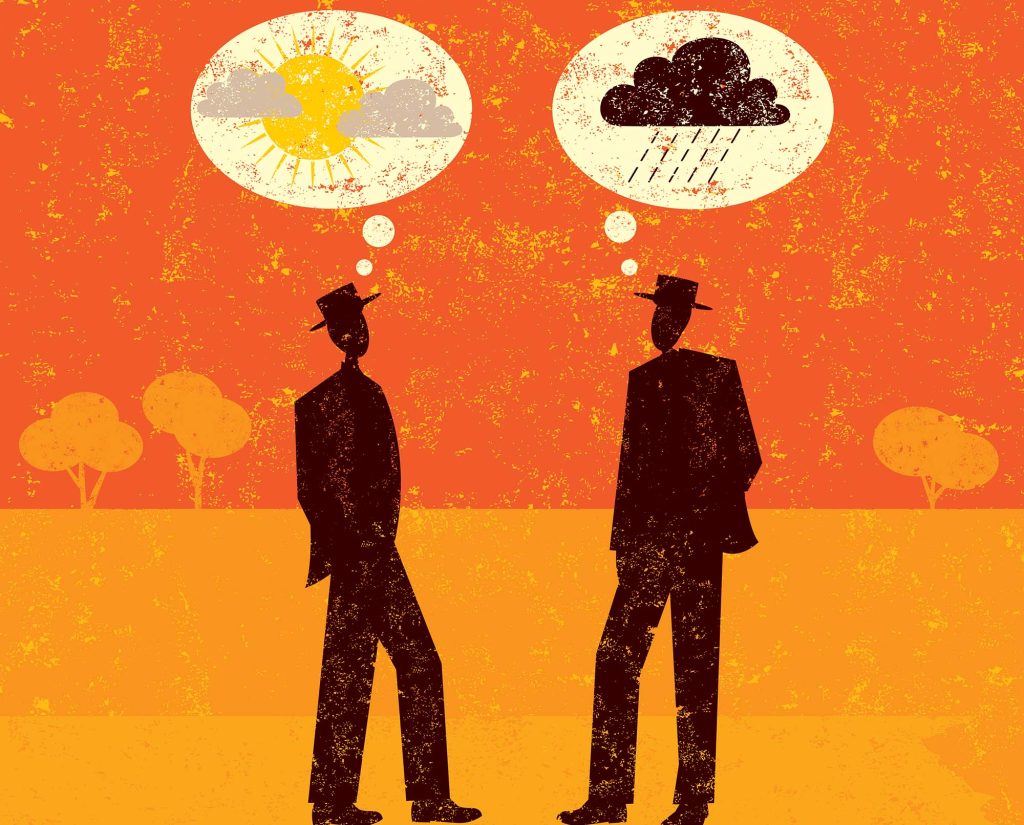 Two silhouettes facing each other--one with a cloud over their heads and the other with sunshine.