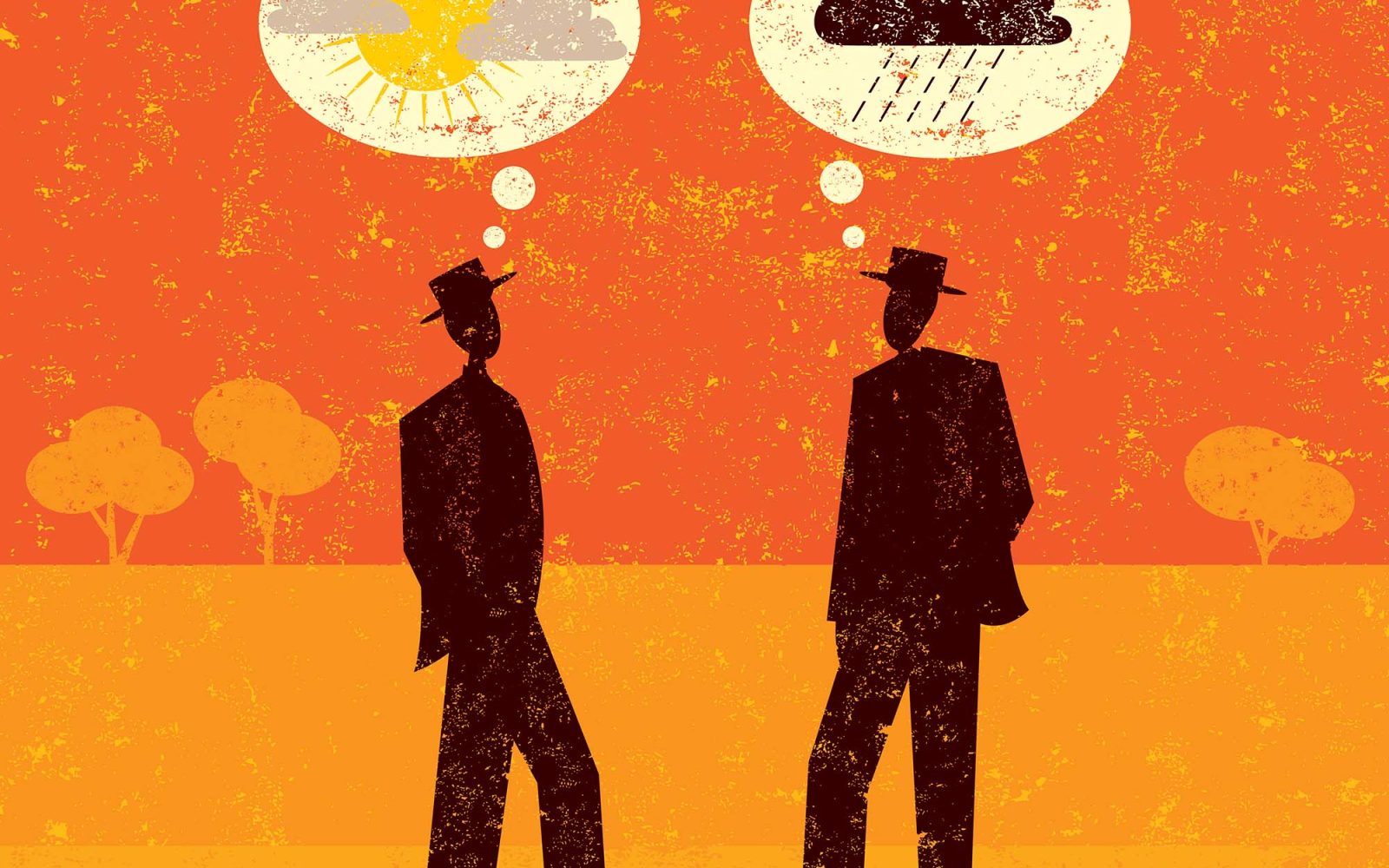 Two silhouettes facing each other--one with a cloud over their heads and the other with sunshine.