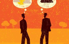 Two silhouettes facing each other--one with a cloud over their heads and the other with sunshine.