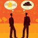 Two silhouettes facing each other--one with a cloud over their heads and the other with sunshine.