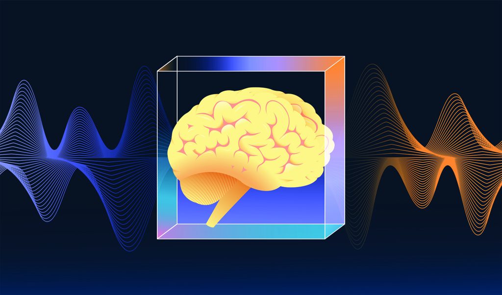 Human brain in a crystall cube. Ai, machine learning concept. Vector illustration.