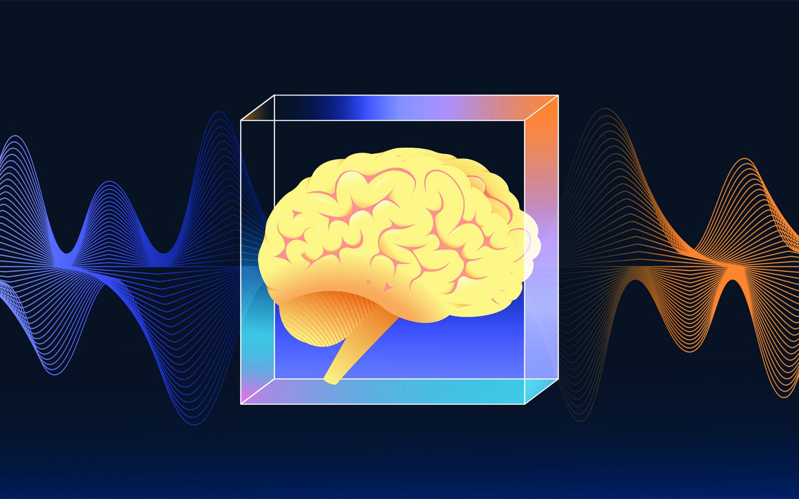 Human brain in a crystall cube. Ai, machine learning concept. Vector illustration.