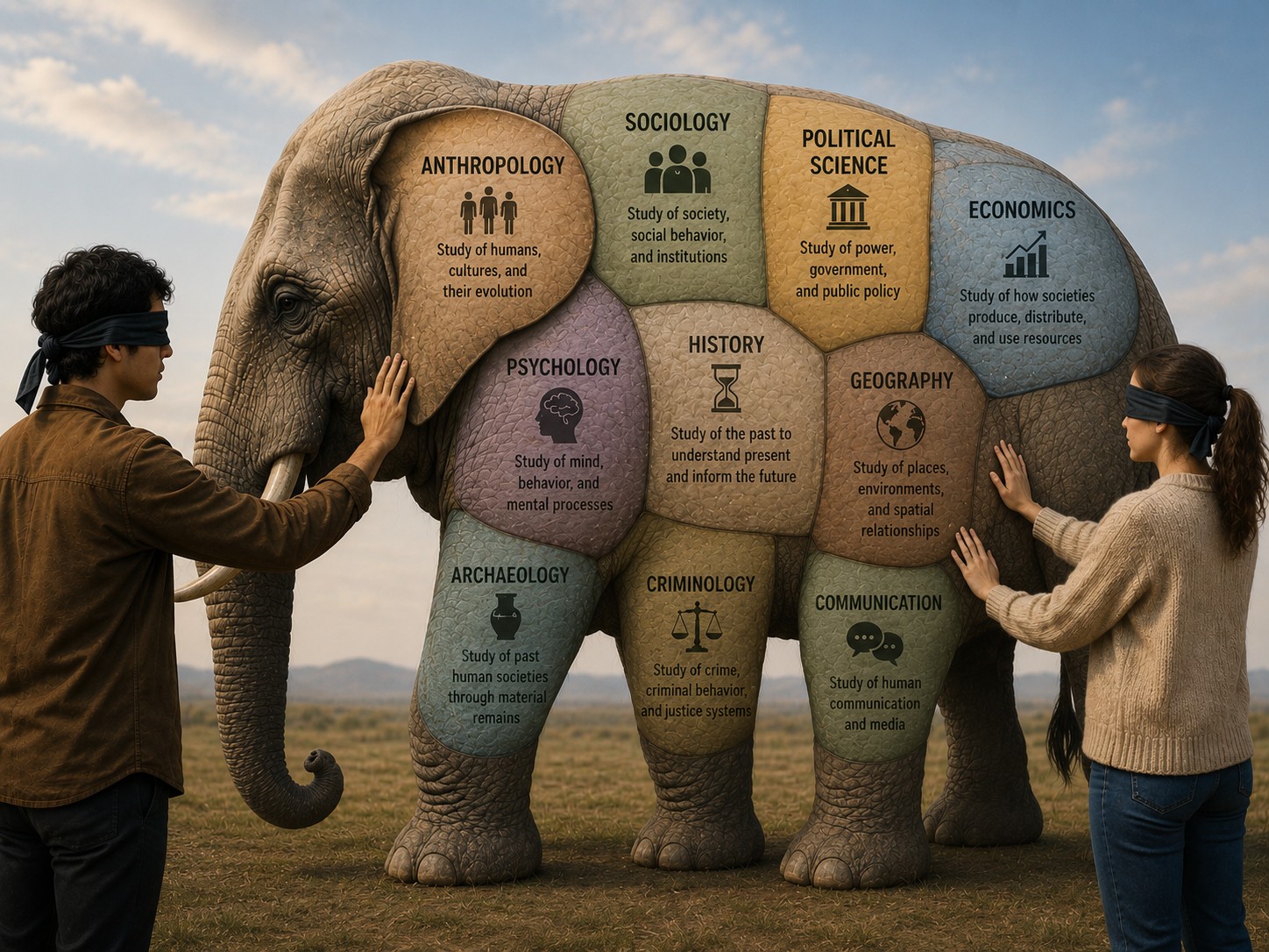 AI illustration of two blindfolded people touching parts of an elephant that have various social sciences labeled across its body.
