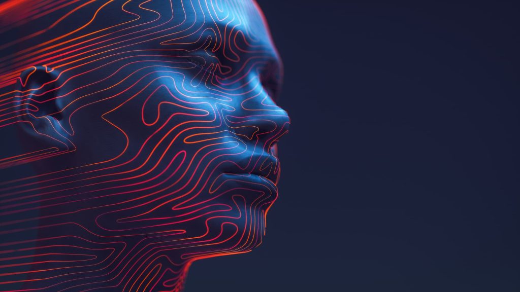 Head on dark background with red lines across the face in technology setting.
