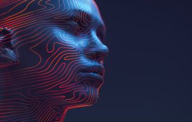 Head on dark background with red lines across the face in technology setting.